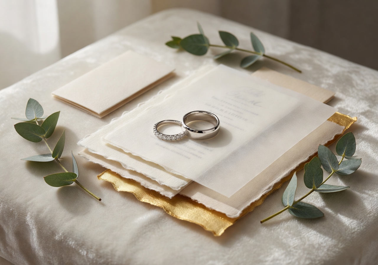 Close up of luxury wedding rings and elegant invitation suite