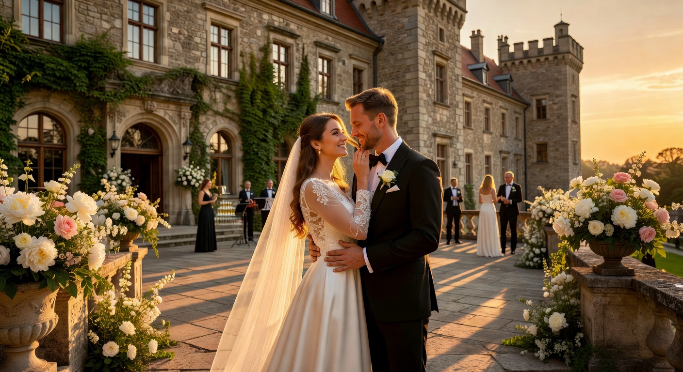 Romantic bride and groom sharing a moment at a luxury Polish castle wedding